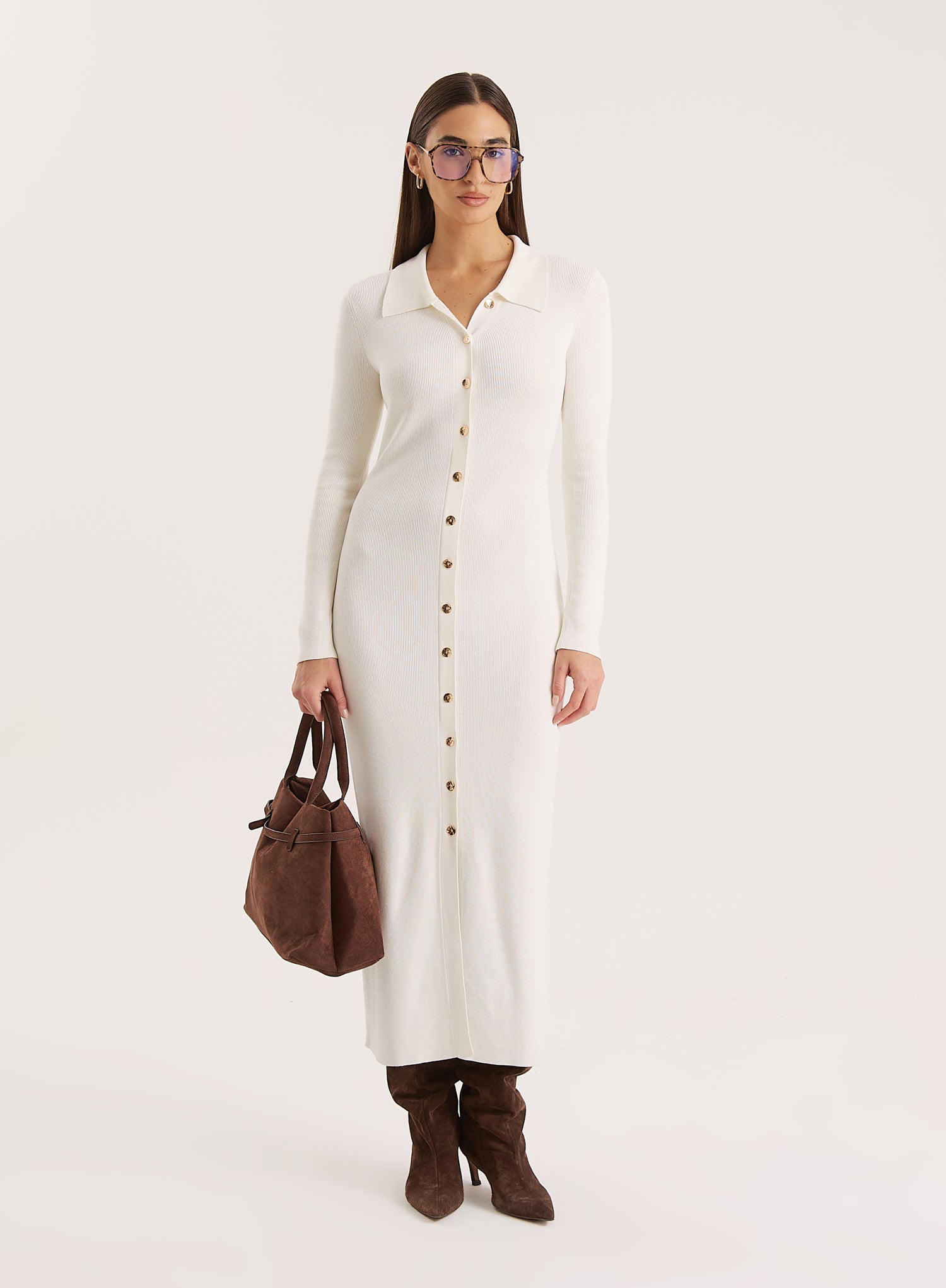 Off White Collared Button Down Knitted Dress- Taye